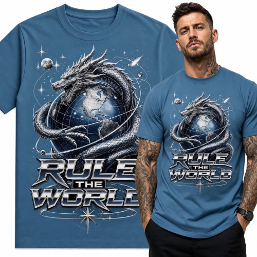 Koszulka męska ze smokiem oplatającym Ziemię „Rule the world”
