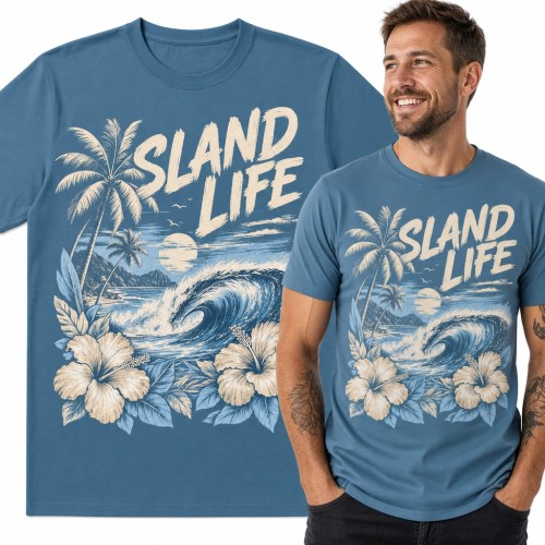 Koszulka męska „Sland Life” - tropikalna fala, palmy i hibiskusy