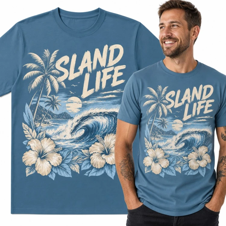 Koszulka męska „Sland Life” - tropikalna fala, palmy i hibiskusy