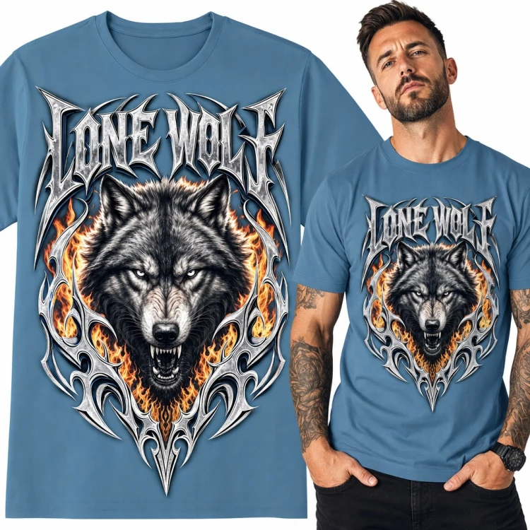 Koszulka męska „Lone Wolf” - warczący wilk w płomieniach i chromowanym ornamencie