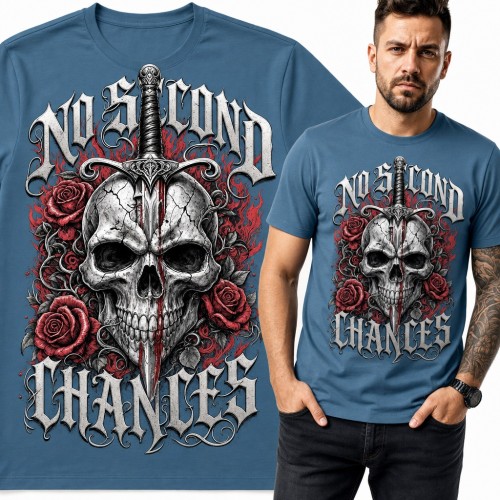 Koszulka męska z czaszką przebitą sztyletem i różami - „No second chances”