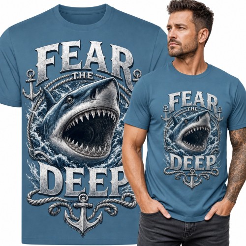 Koszulka męska z rekinem „Fear the Deep” - paszcza, kotwice i liny dla żeglarza
