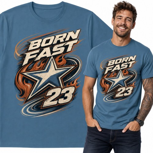 Koszulka męska „Born Fast 23” - wyścigowa gwiazda w płomieniach