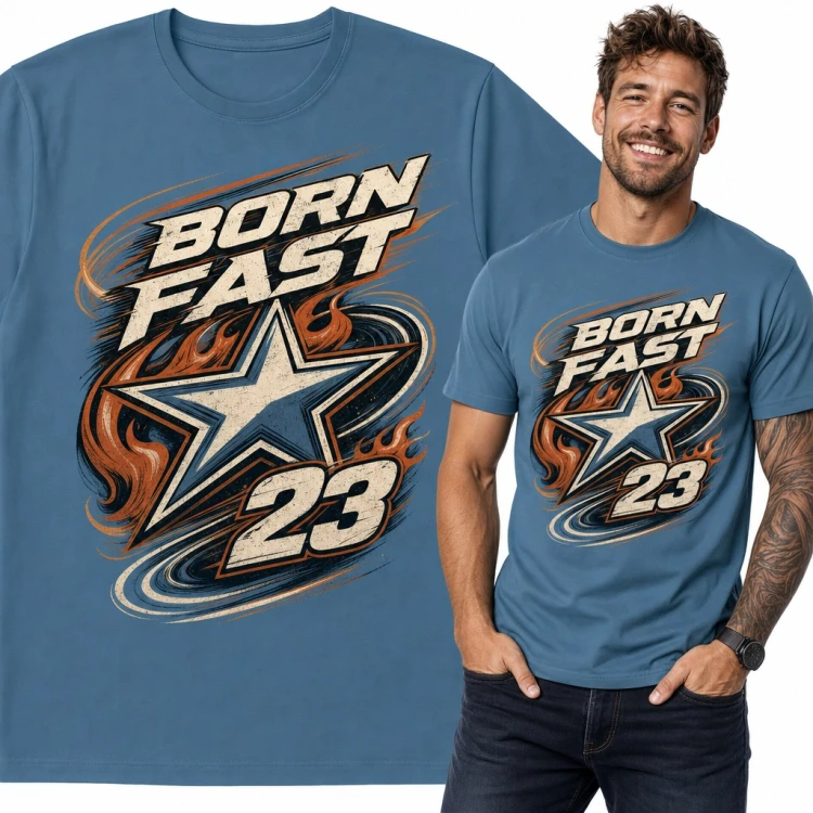 Koszulka męska „Born Fast 23” - wyścigowa gwiazda w płomieniach