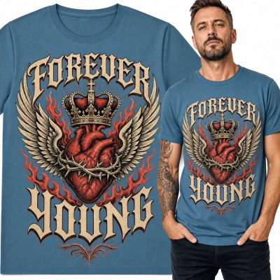 Koszulka męska „Forever Young” - serce w koronie ze skrzydłami w stylu tatuażu