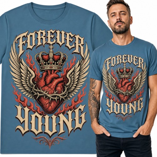 Koszulka męska „Forever Young” - serce w koronie ze skrzydłami w stylu tatuażu