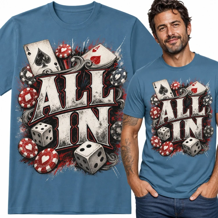 Koszulka męska dla pokerzysty „All in” - asy, żetony i kości