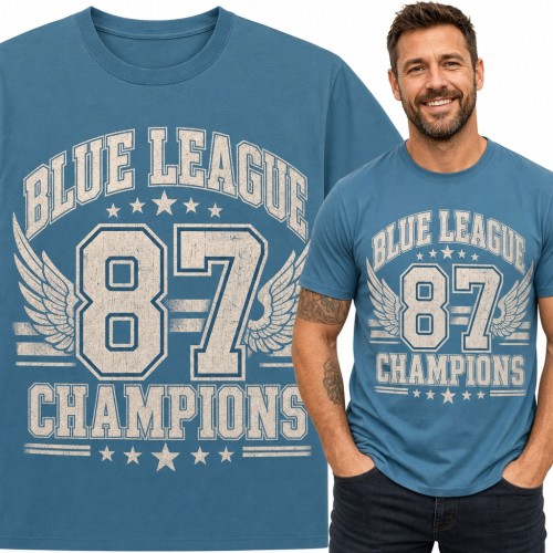 Koszulka męska „Blue League 87 Champions” - varsity ze skrzydłami