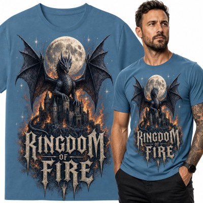 Koszulka męska ze smokiem na płonącym zamku „Kingdom of Fire”