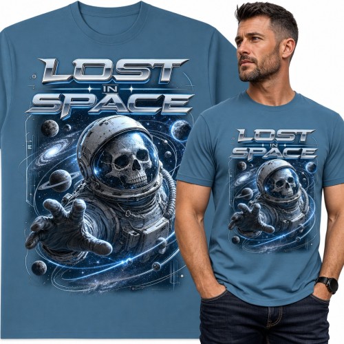 Koszulka męska „Lost in space” - astronauta z czaszką w hełmie wśród planet