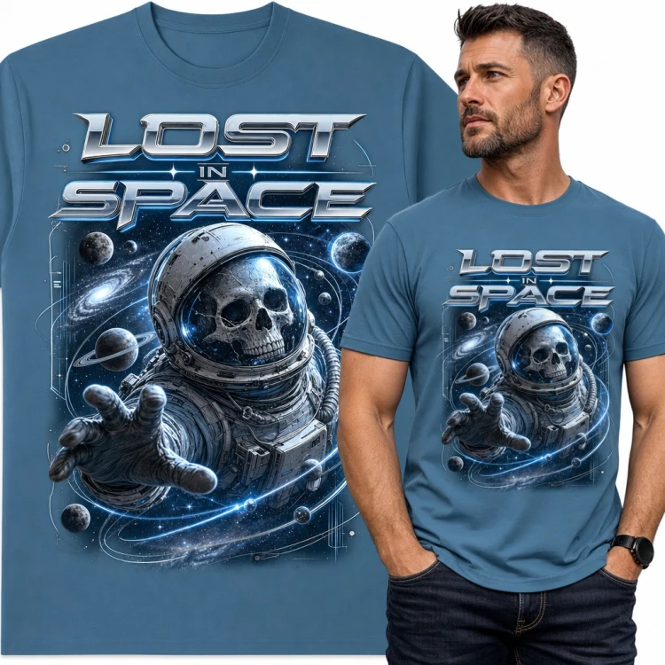 Koszulka męska „Lost in space” - astronauta z czaszką w hełmie wśród planet