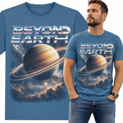 Koszulka męska z Saturnem i chromowanym napisem „Beyond Earth” - kosmos dla fana astronomii