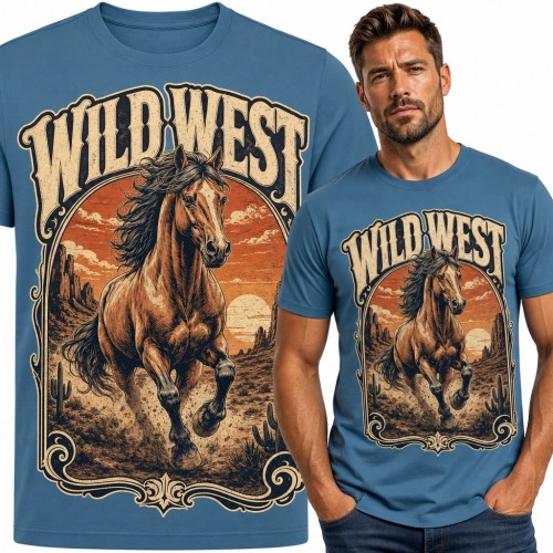 Koszulka męska „Wild West” - galopujący mustang na pustyni w stylu western