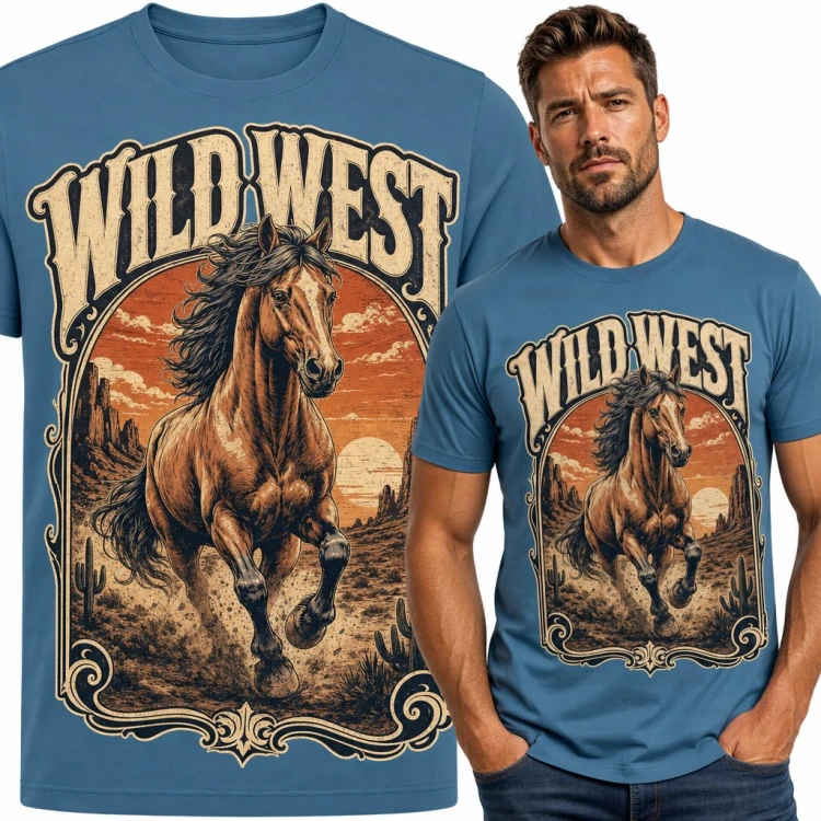 Koszulka męska „Wild West” - galopujący mustang na pustyni w stylu western