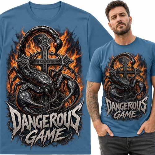 Koszulka męska skorpion na gotyckim krzyżu w ogniu „Dangerous Game” - dla fana metalu