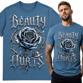Koszulka męska „Beauty Hurts” - chromowana róża w cierniach, gotycki streetwear