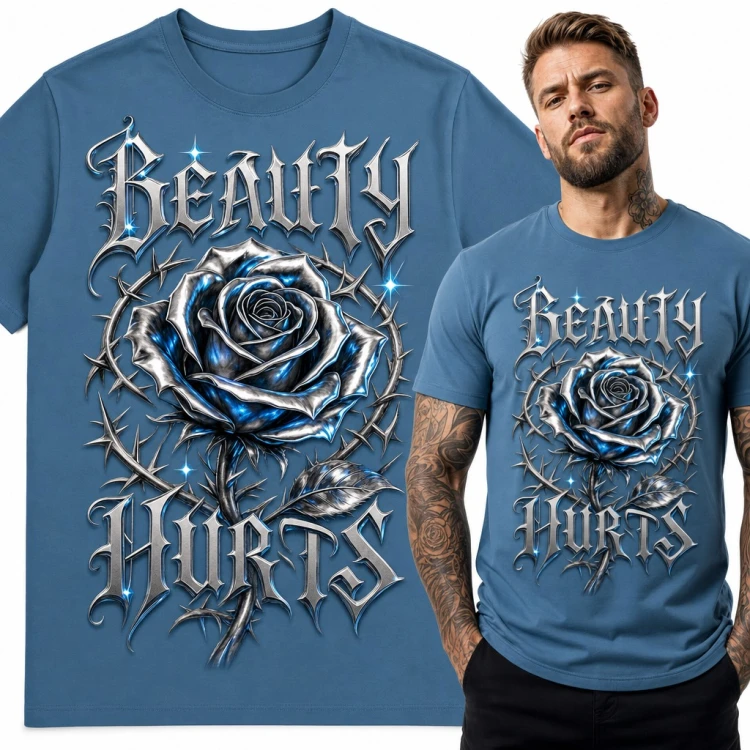 Koszulka męska „Beauty Hurts” - chromowana róża w cierniach, gotycki streetwear