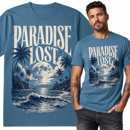 Koszulka męska „Paradise Lost” - tropikalna zatoka nocą z palmami i księżycem