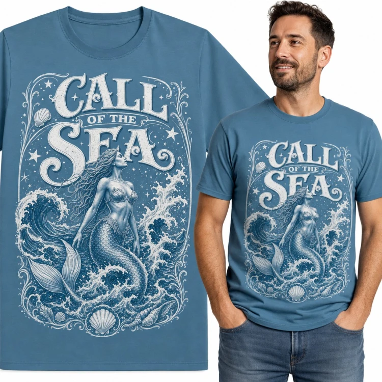Koszulka męska „Call of the Sea” - syrena wśród fal i muszli
