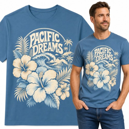 Koszulka męska „Pacific dreams” - hibiskusy, fala i palmy w stylu Hawajów