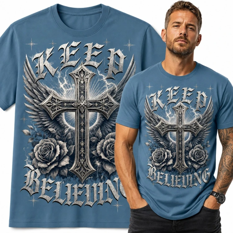Koszulka męska „Keep Believing” - gotycki krzyż ze skrzydłami i różami