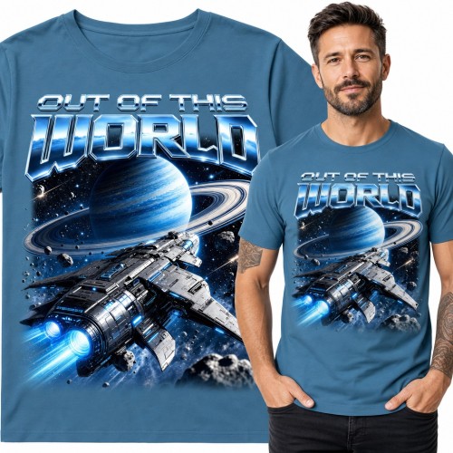 Koszulka męska „Out of this world” - statek kosmiczny i planeta z pierścieniami