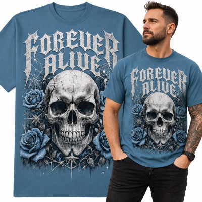 Koszulka męska „Forever Alive” - czaszka w niebieskich różach i pajęczynach