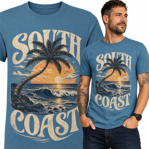 Koszulka męska „South Coast” - palma i zachód słońca nad oceanem w stylu retro