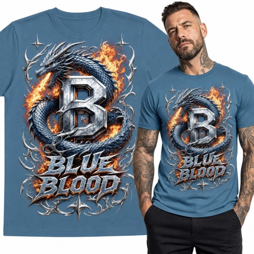 Koszulka męska smok w ogniu z literą B - napis „Blue Blood”