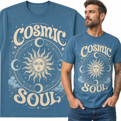 Koszulka męska „Cosmic Soul” - słońce z twarzą i fazy księżyca w stylu boho