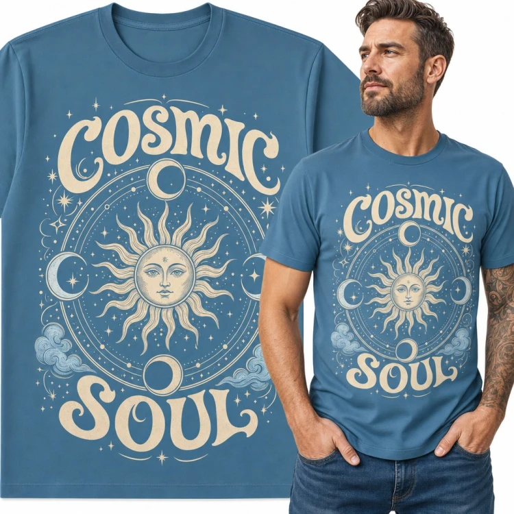 Koszulka męska „Cosmic Soul” - słońce z twarzą i fazy księżyca w stylu boho