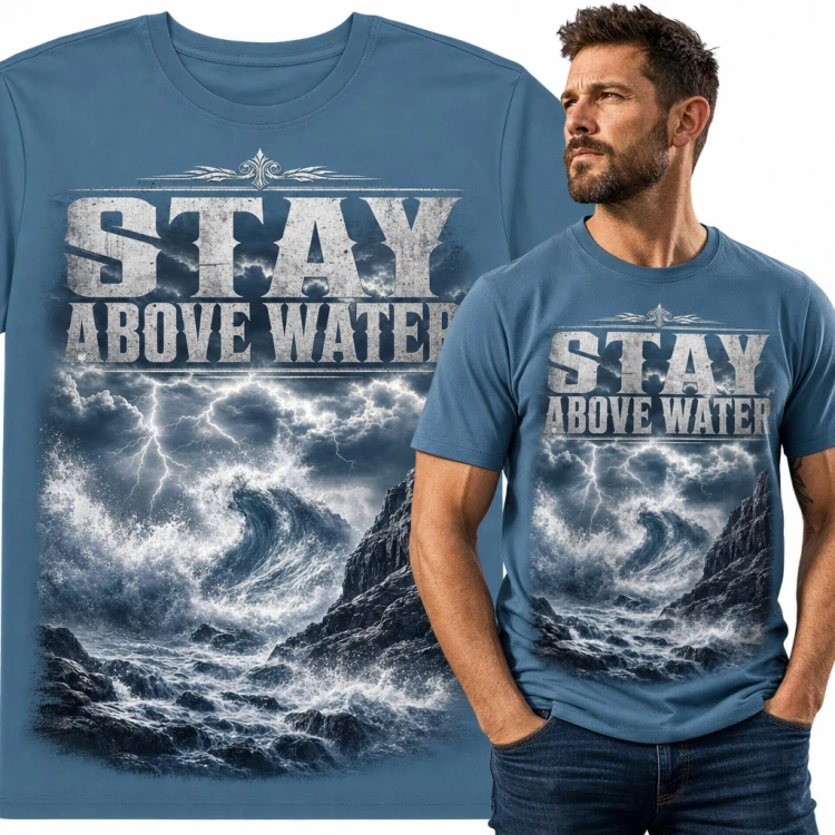 Koszulka męska „Stay above water” - sztorm i fala rozbijająca się o skały