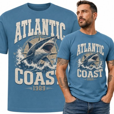 Koszulka męska „Atlantic Coast 1989” - rekin w falach i róża wiatrów