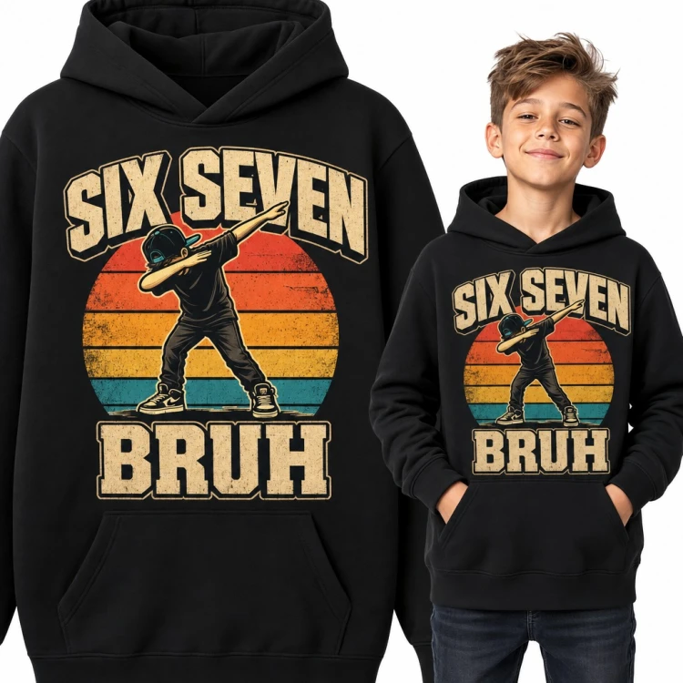 Bluza chłopięca z kapturem - „Six Seven Bruh” mem 67 z chłopakiem robiącym dab