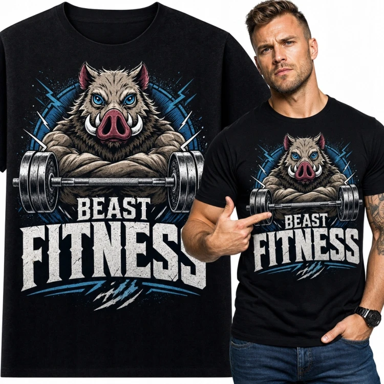 Koszulka męska „Beast Fitness” z dzikiem i sztangą - na siłownię