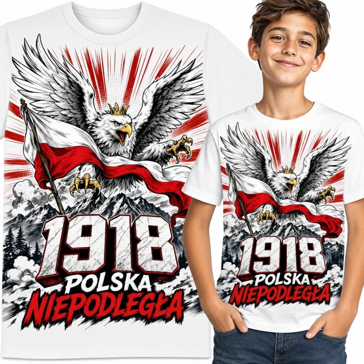 Koszulka chłopięca „1918 Polska Niepodległa” - orzeł w koronie z flagą