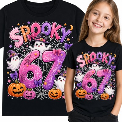 Koszulka dziewczęca „Spooky 67” - halloweenowy mem z duszkami i dyniami
