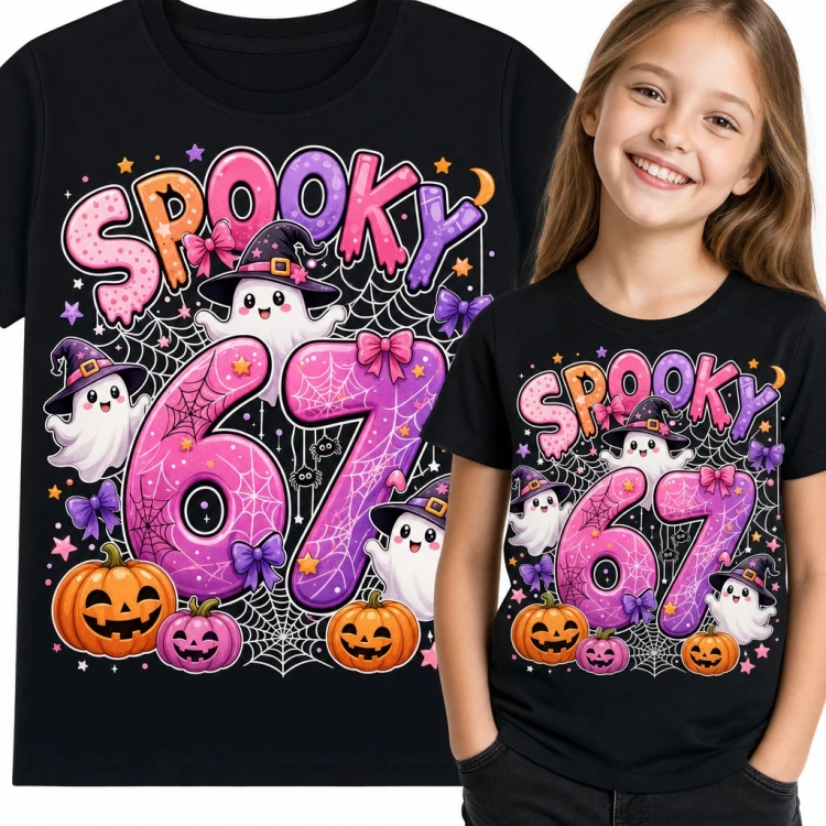 Koszulka dziewczęca „Spooky 67” - halloweenowy mem z duszkami i dyniami