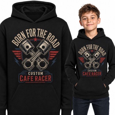 Bluza chłopięca z kapturem „Born for the road Custom Cafe Racer” - skrzyżowane tłoki motocyklowe