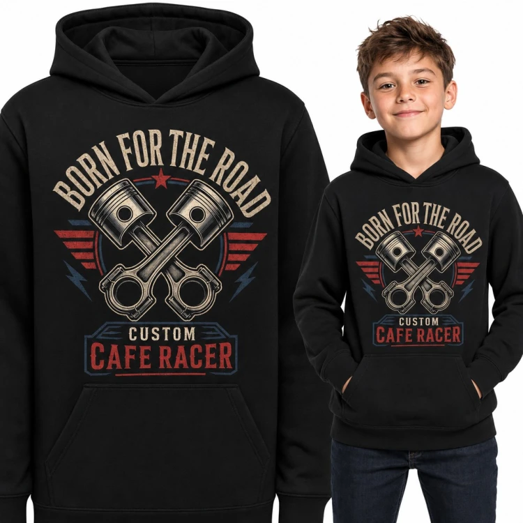 Bluza chłopięca z kapturem „Born for the road Custom Cafe Racer” - skrzyżowane tłoki motocyklowe