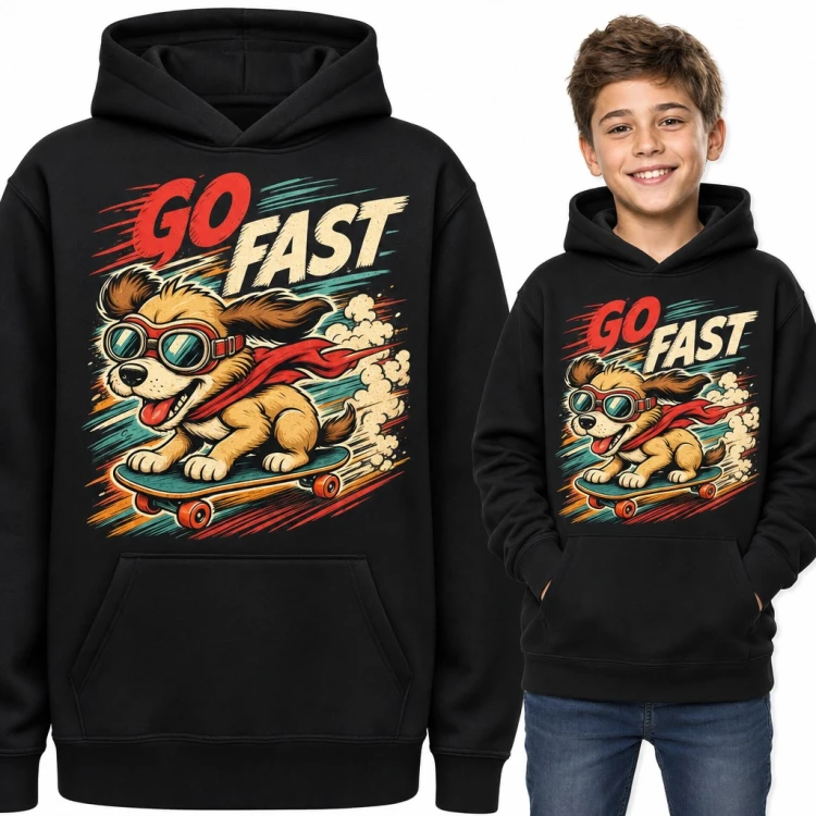 Bluza chłopięca z kapturem - „Go fast” piesek w goglach na deskorolce