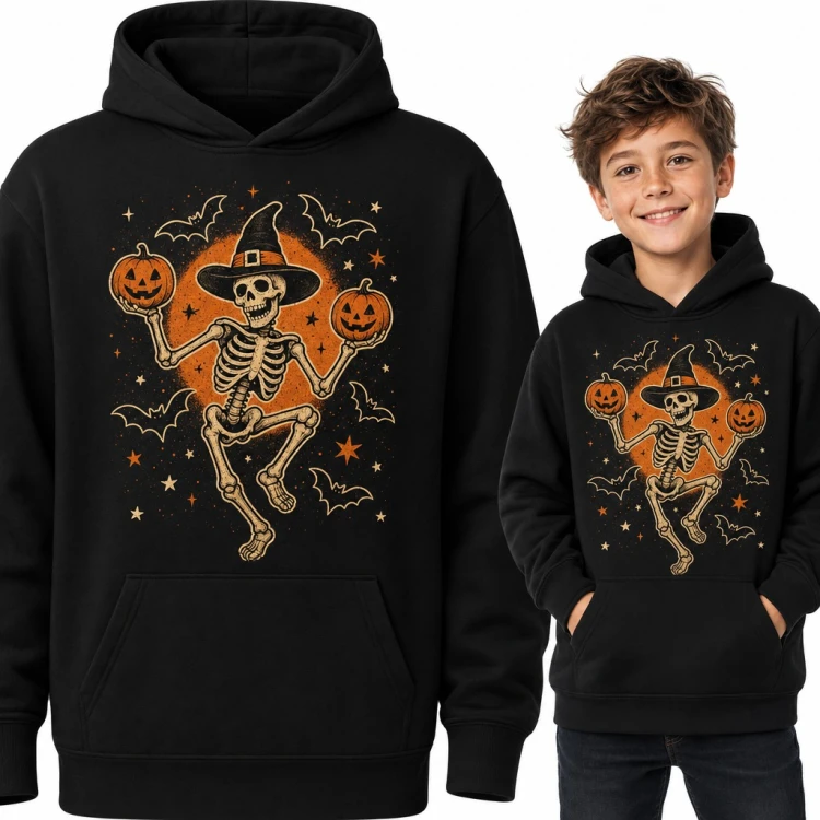 Bluza chłopięca z kapturem - tańczący szkielet z dyniami na Halloween