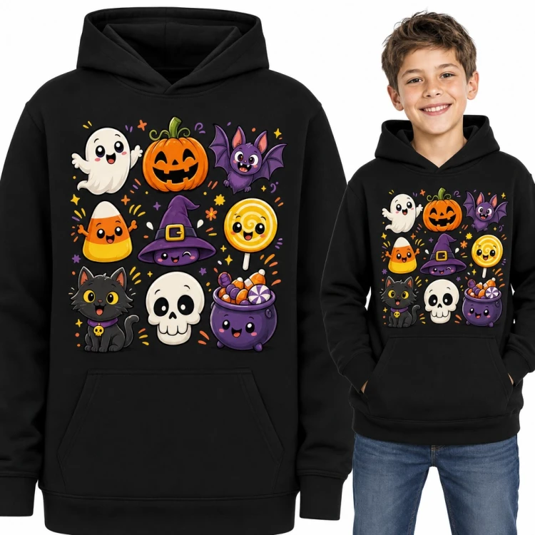 Bluza chłopięca z kapturem - Halloween kawaii z dynią, duszkiem i nietoperzem