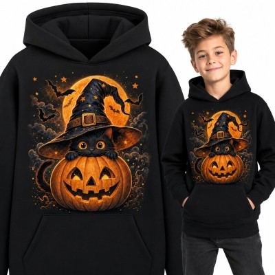 Bluza chłopięca z kapturem - czarny kot w kapeluszu czarownicy na dyni Halloween