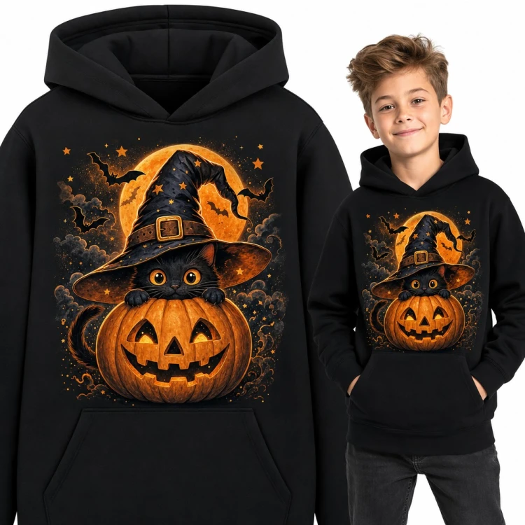 Bluza chłopięca z kapturem - czarny kot w kapeluszu czarownicy na dyni Halloween