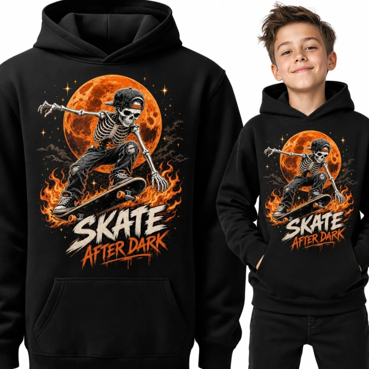 Bluza chłopięca z kapturem - szkielet na deskorolce „Skate after dark” dla skatera