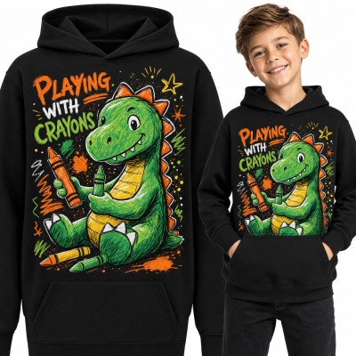 Bluza chłopięca z kapturem - dinozaur z kredkami „Playing with crayons”
