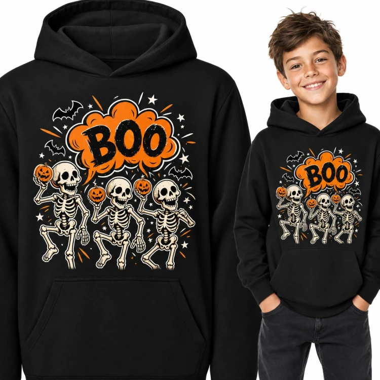 Bluza chłopięca z kapturem - „Boo” i tańczące szkielety z dyniami na Halloween