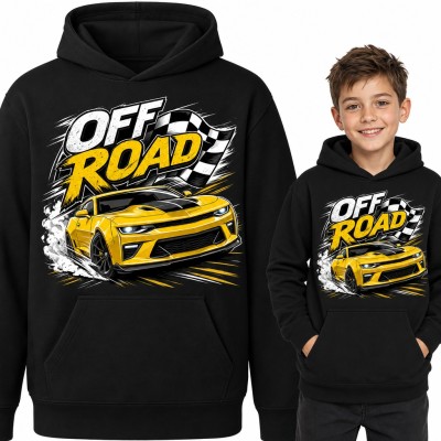 Bluza chłopięca z kapturem - żółte auto sportowe w drifcie i napis „Off Road”