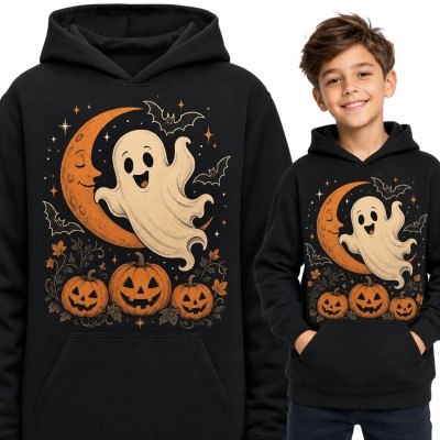 Bluza chłopięca z kapturem - uśmiechnięty duszek, księżyc i dynie na Halloween